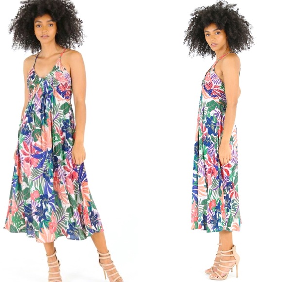 Open Back Tropical Floral Boho Maxi Midi Dress - Picture 3 of 3